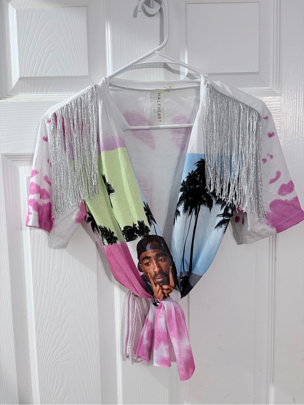 Halfheart Tupac Graphic Tie Front Top Silver Fringe Tie Dye S